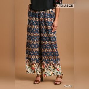 Umgee Bohemian Wide-Leg Mixed Patterned Pants In Teal Mix. XL, 1XL, 2XL